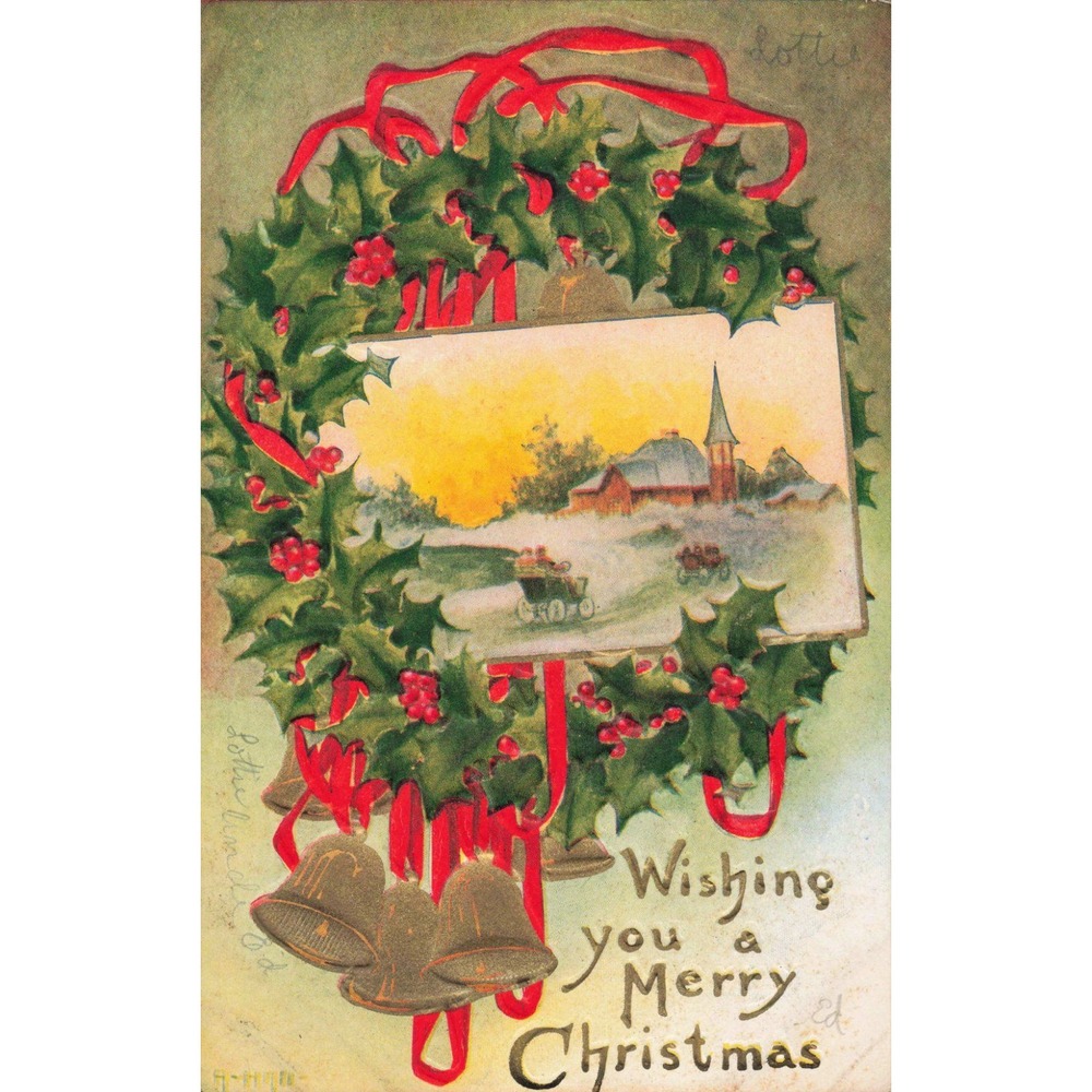 Vintage Embossed Christmas Postcard Holly Wreath Bells Winter Scene Divided Back - Picture 1 of 2